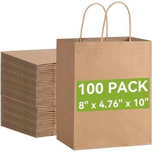 Brown Gift Bags with Handles 100PCS, 8 * 4.76 * 10 Inch Medium Kraft Paper Bags